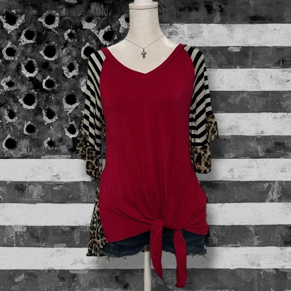 Hot pink v neck leopard and striped top